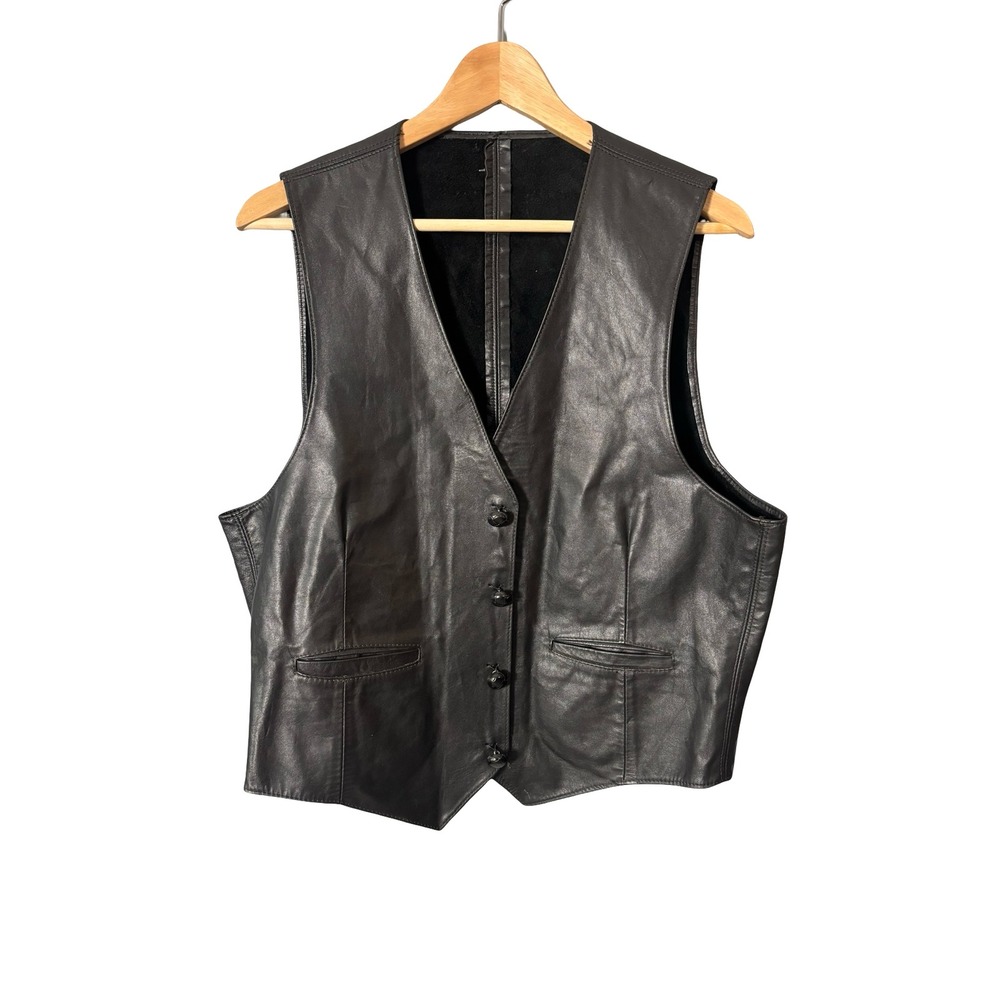 Leathering Heights Vintage Leather Vest Size 44 Black Button Front Biker Western